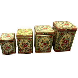 Set of 4 Antique Nesting Biscuit Tins Made in Holland Floral Design